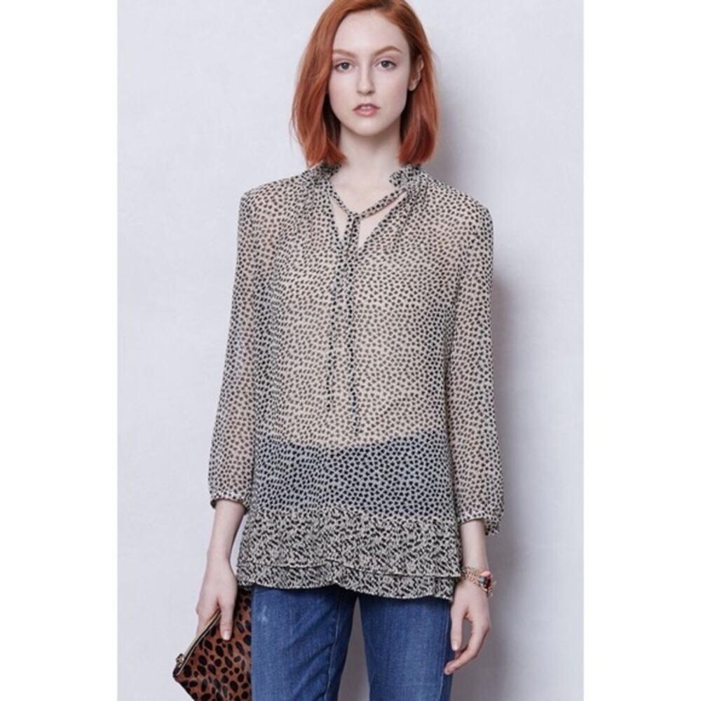 Anthropologie Portrait of a Girl Clover Valley Blouse Sz 4 Black Beige Tie Neck